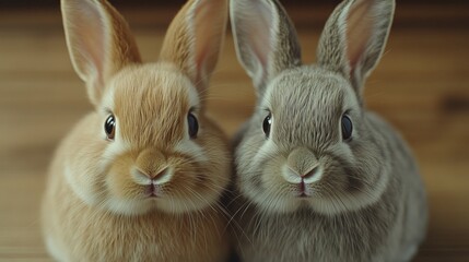 Obraz premium Two cute bunnies with different fur colors sit together on a wooden floor and look directly at the camera.