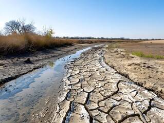 Dry Cracked Riverbed in Drought Stricken Area Highlighting Water Scarcity Climate Change Issues