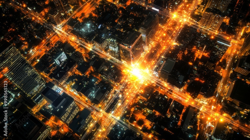 Aufkleber An aerial view of a smart city at night, with a glowing web of wireless connections represented by bright lines linking buildings, cars, and devices across the cityscape.