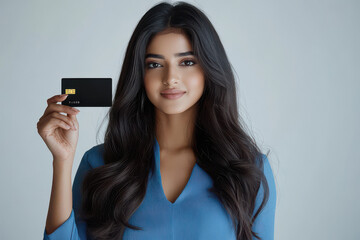 Fototapeta premium Young beautiful woman showing card on white background