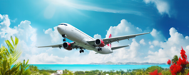 A passenger airplane descends towards a tropical island 