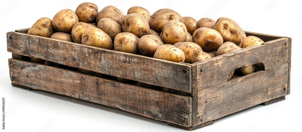 Poster A wooden crate filled with freshly harvested potatoes isolated on a white background.