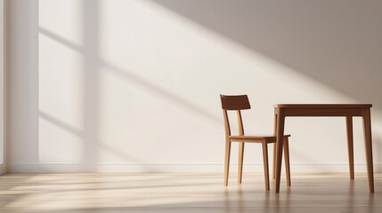 A clean, minimalist dining area with a simple wooden table and one sleek chair in the center of the frame. The background is empty, emphasizing the furniture’s modern design