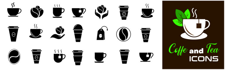 Vector Monochrome Coffee and Tea Icon Set. Vector illustration 