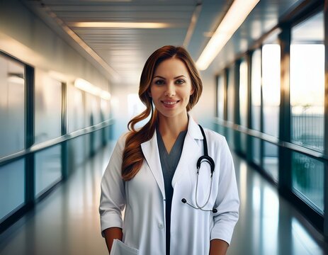 Mujer medico joven sonriendo en un hospital