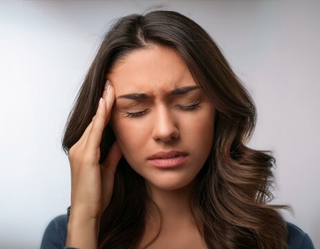 Mujer con expresion de dolor y una mano en la sien