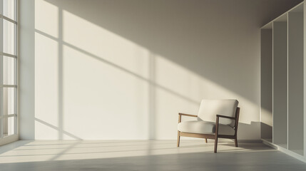 A clean, minimalist living room with a single armchair positioned near a huge glass window. The space is empty, with the chair and natural light as the only focal points