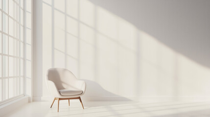A clean, minimalist living room with a single armchair positioned near a huge glass window. The space is empty, with the chair and natural light as the only focal points