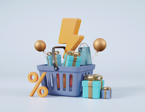 3D render illustration of time shopping concept or flash sale, special offer, price reduction and gift with basket and lightning with box, percentage, balloons