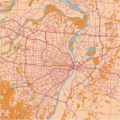 Map of St. Louis in Missouri in a sandy theme. Contains layered vector with roads water, parks, etc.