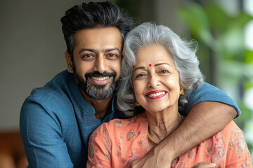 Fototapeta premium Happy elderly mother with her son at home