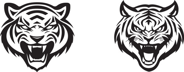 Obraz premium Fierce Tiger Head Logo - Roaring Black and White Vector Illustration