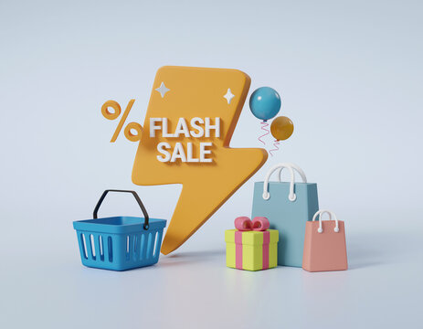 3D render illustration of time shopping concept or flash sale, special offer, price reduction and gift with basket and lightning with box, percentage, balloons, bag