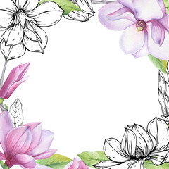Composition of magnolia flowers. Sketch black and white lines.