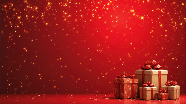 Festive holiday gifts decorated with bows against a glittering red backdrop