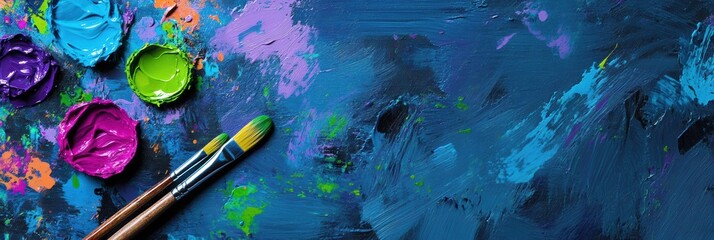 Fototapeta premium Bright splashes of color adorn the artist's palette while paintbrushes lean against a textured abstract canvas, inspiring creativity. Generative AI