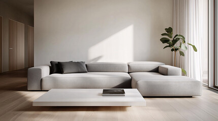 A clean, modern living room with a low gray sectional sofa, a sleek white coffee table, and a single plant on the floor. Neutral tones and open space