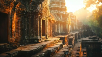 Fototapeta premium Sunset Over Ancient Temple Ruins in Mystical Cambodia