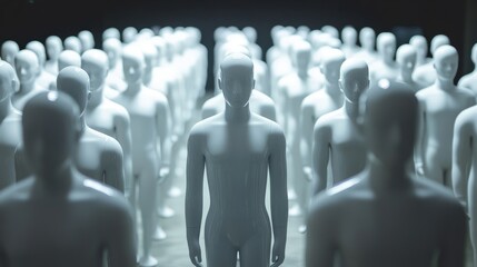 A crowd of faceless figures stand in a line, illuminated by a single light source, creating a sense of anonymity and conformity.