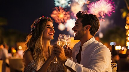 Fototapeta premium Young Couple in Festive Attire Celebrating Together