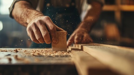 close up man owner a small furniture business is preparing wood for production. carpenter male is adjust wood to the desired size. architect, designer
