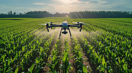 drone spraying pesticide at corn field