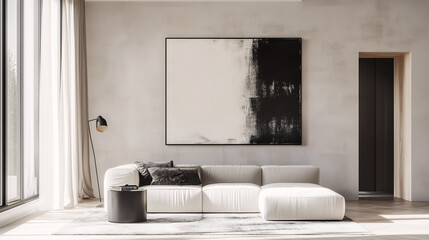 A clean, neutral-toned living room with a sleek, modern sofa and a single black-and-white abstract painting on the wall. Minimal decor and plenty of open space