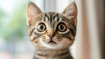 Obraz premium surprised cat make big eyes. American shorthair surprised cat or kitten funny face big eyes, cute, domestic, kitten, feline, Emotional surprised, kitty, wow.