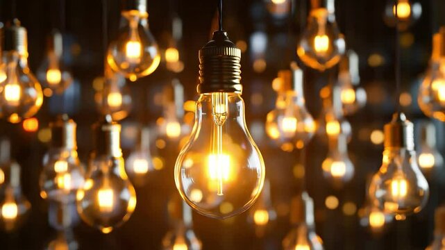 Many light bulbs and one glows, Hanging bulbs emit harmonious light	