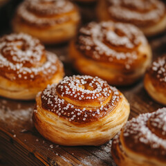 Freshly baked kanelbullar (cinnamon buns) arranged on a rustic wooden table, golden-brown crust sprinkled with pearl sugar, warm natural light, cozy atmosphere, celebrating Kanelbullens dag
