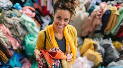 Obraz premium An eco-conscious shopper holding a sustainable fashion label amid a sea of fast fashion items