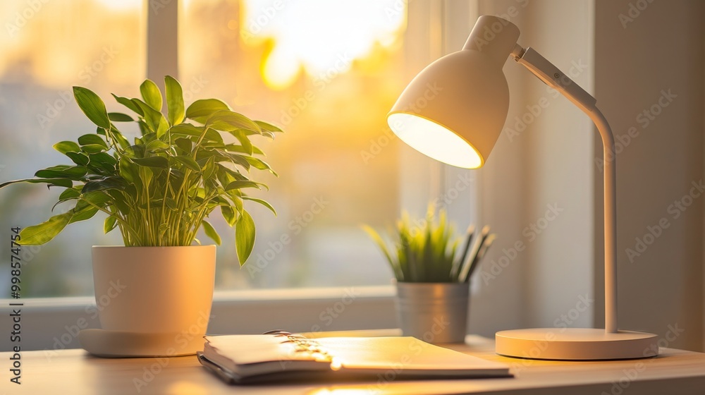 Poster An innovative workspace featuring a modern desk lamp with a sleek design, illuminating a notebook and plants, highlighting the blend of functionality and aesthetics in home offices.