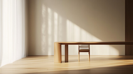 Fototapeta premium A dining room featuring a single chair and a simple rectangular wooden table. The room is bathed in soft sunlight, and the background is clean and uncluttered