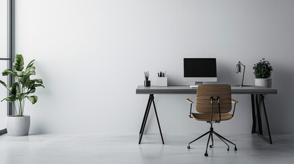 A home office featuring a sleek metal desk and a wooden chair, with an empty, smooth wall behind. The setup is completely clean and orderly