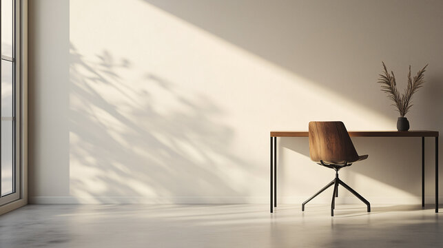 A home office featuring a sleek metal desk and a wooden chair, with an empty, smooth wall behind. The setup is completely clean and orderly
