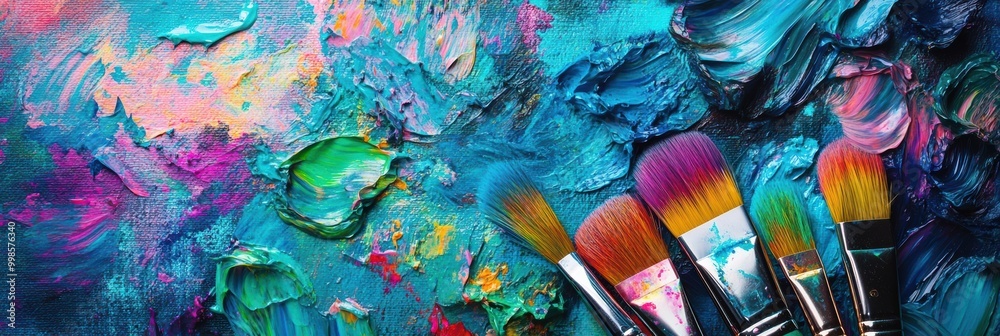 Aufkleber Bright splashes of color fill a paint palette while paintbrushes lie on an abstract canvas created during a passionate artistic session. Generative AI