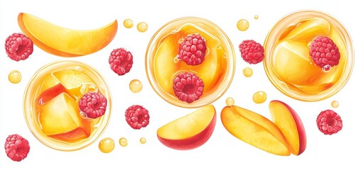 Bright tropical fruit punch with mango, raspberries, and peach slices, sparkling bubbles, vibrant yellow color, fresh and fruity summer beverage, top-down view