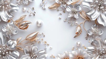 Obraz premium 3d wallpaper background with silver and gold jewelry elements, pearl flowers, white background