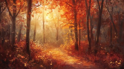 Obraz premium Autumn fiery colors light up a serene forest path, creating an enchanting and peaceful walking experience amidst nature's beauty