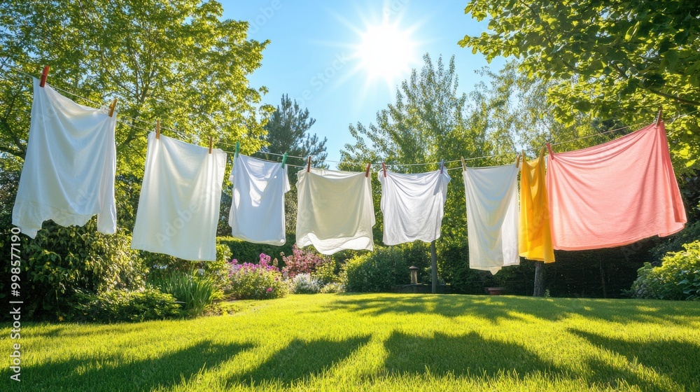 Poster bright white sheets and colorful clothes sway on a clothesline in a lush garden, enjoyed on a warm s