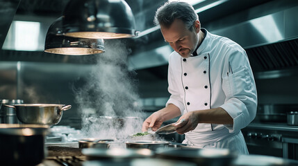 A confident chef standing in a kitchen, Portrait of a chef, A male chef in the kitchen	