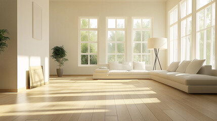 A large, open living room with pale wooden floors and just one floor lamp in the center. The lamp casts a warm glow, highlighting the room’s simplicity