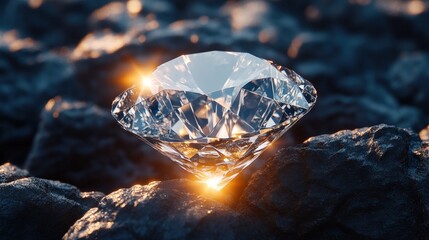 A sparkling diamond sits on rough, dark rocks.