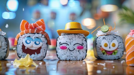Fototapeta premium A cheerful family of cartoon maki sushi rolls, each with different facial expressions and accessories like bows or hats, creating a fun and engaging scene