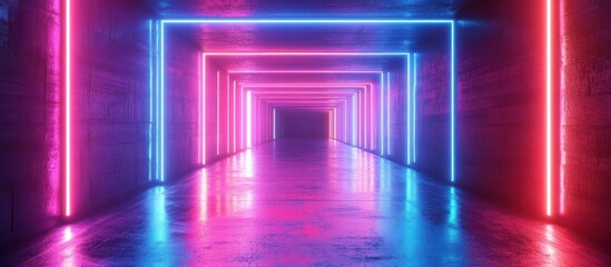 A futuristic tunnel illuminated with bright pink and blue neon lights.