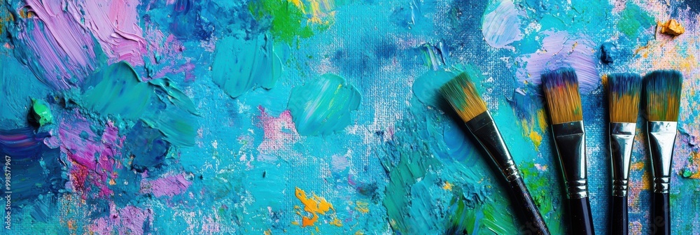 Poster bright splashes of color cover the palette and canvas, while assorted brushes lie nearby, ready for 