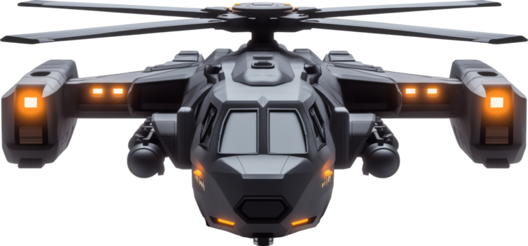 Military style helicopter designed for advanced operations with dual turrets and sleek aerodynamic features isolated on transparent background.