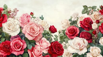 Obraz premium Beautiful floral border featuring pink, red, and white roses.