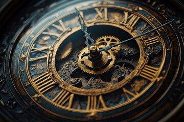 Obraz premium Close-up of an intricate, antique clock face with Roman numerals and exposed gears.