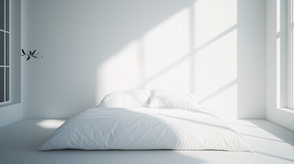 A minimalist bedroom featuring a single pillow on a white bed, with no artwork, furniture, or additional items. Clean lines and natural light